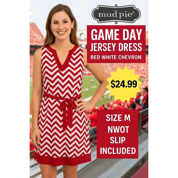Mud Pie Game Day Jersey Dress Red White Chevron Size M NWOT Slip Included - Picture 1 of 15